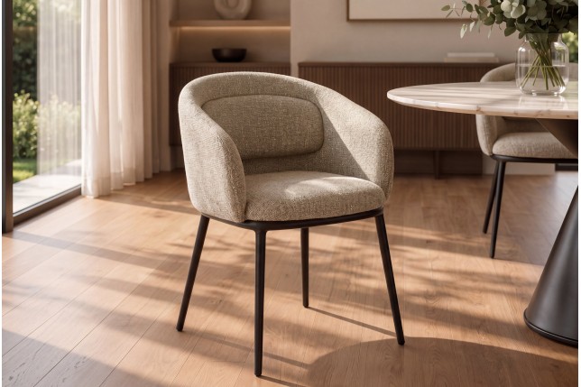 Chaise FLORENZ accoudoirs tissu beige brun, pieds métal noir