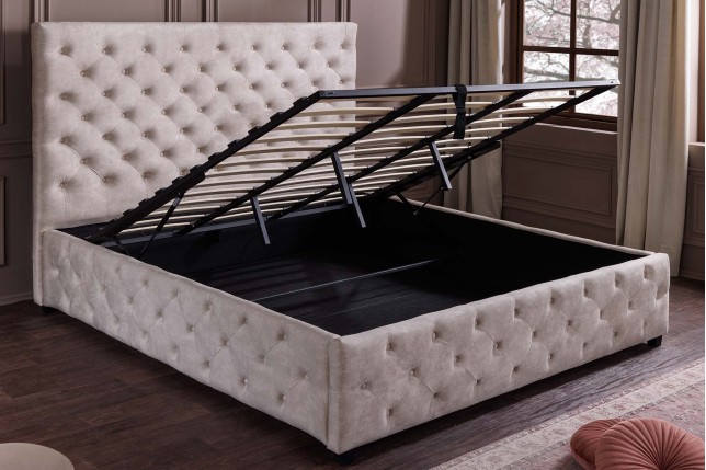 Lit PARIS 180x200 Chesterfield Velours Champagne + Rangement