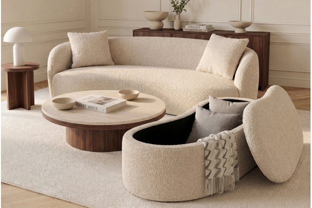 Banc coffre ELEMENTAL 120cm bouclé beige avec rangement