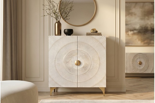 Highboard GOLDEN SUNSET 120cm - Buffet manguier blanc et doré