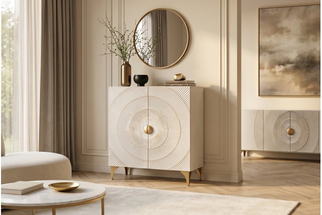 Highboard GOLDEN SUNSET 120cm - Buffet manguier blanc et doré