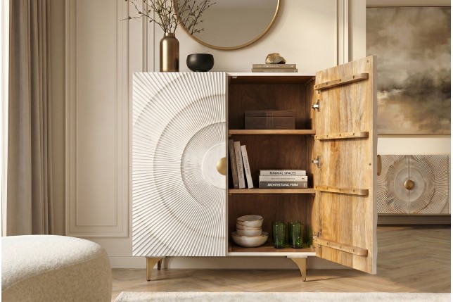 Highboard GOLDEN SUNSET 120cm - Buffet manguier blanc et doré