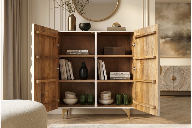Highboard GOLDEN SUNSET 120cm - Buffet manguier blanc et doré
