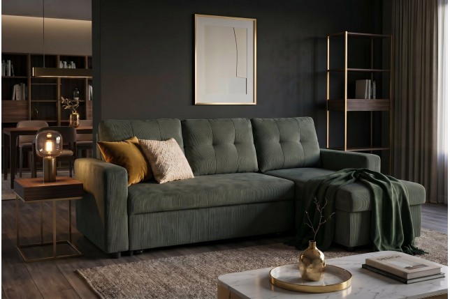 Canapé d'angle convertible APARTMENT velours vert 3 places