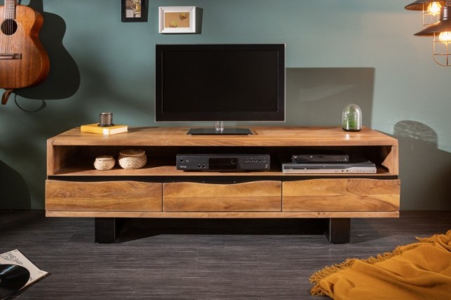 Meuble TV en bois massif d’acacia 160 cm – Design miel et noir avec rangements élégants