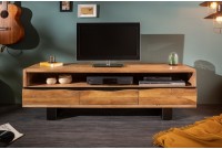 Meuble TV en bois massif d’acacia 160 cm – Design miel et noir avec rangements élégants
