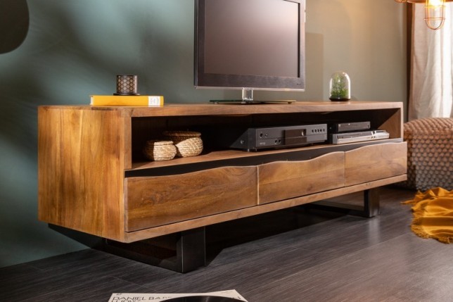 Meuble TV en bois massif d’acacia 160 cm – Design miel et noir avec rangements élégants