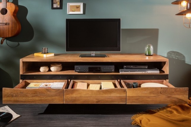 Meuble TV en bois massif d’acacia 160 cm – Design miel et noir avec rangements élégants