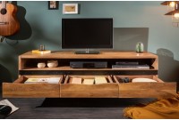 Meuble TV en bois massif d’acacia 160 cm – Design miel et noir avec rangements élégants