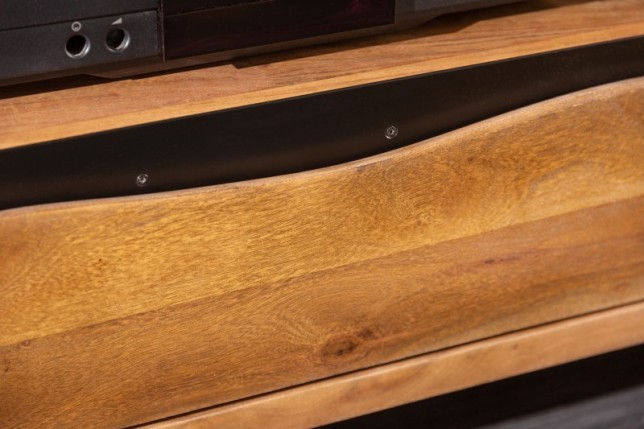 Meuble TV en bois massif d’acacia 160 cm – Design miel et noir avec rangements élégants