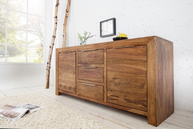Buffet Bois Massif Naturel 140 cm – Bahut de Salon avec Rangement