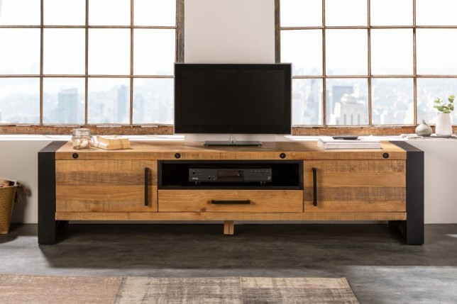Meuble TV de 200cm en bois massif de style industriel coloris bois et noir