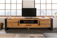 Meuble TV de 200cm en bois massif de style industriel coloris bois et noir