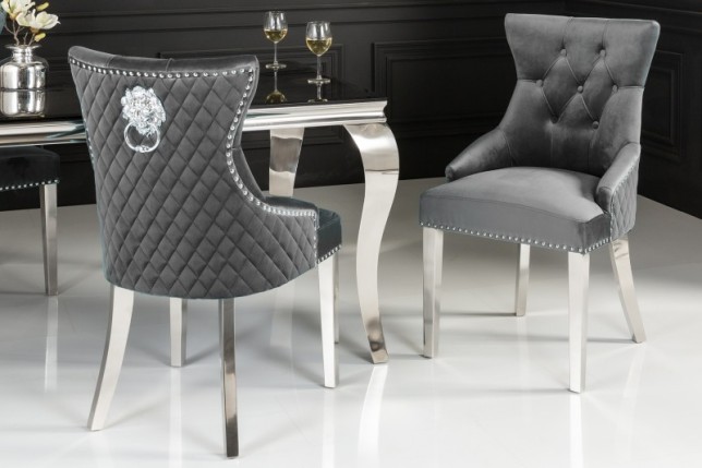 Chaise salle à manger LISA, élégante, en velours, gris, design baroque