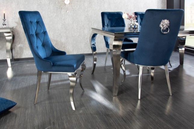 Chaises design capitonné PAULA avec pied baroque en acier inoxydable, velours, bleu