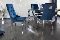 Chaises design capitonné PAULA avec pied baroque en acier inoxydable, velours, bleu