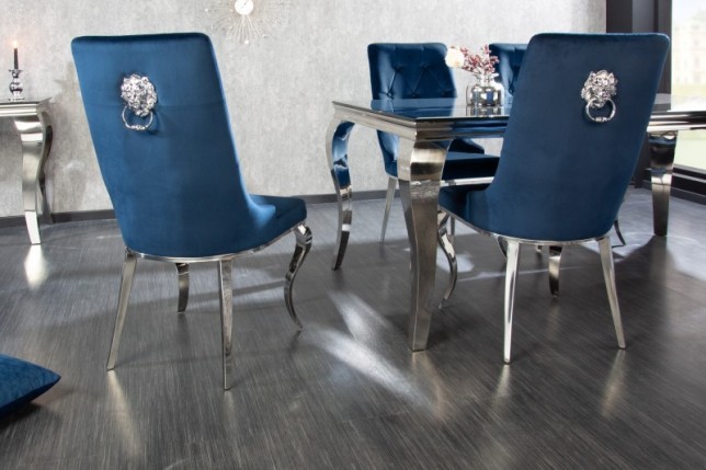 Chaises design capitonné PAULA avec pied baroque en acier inoxydable, velours, bleu