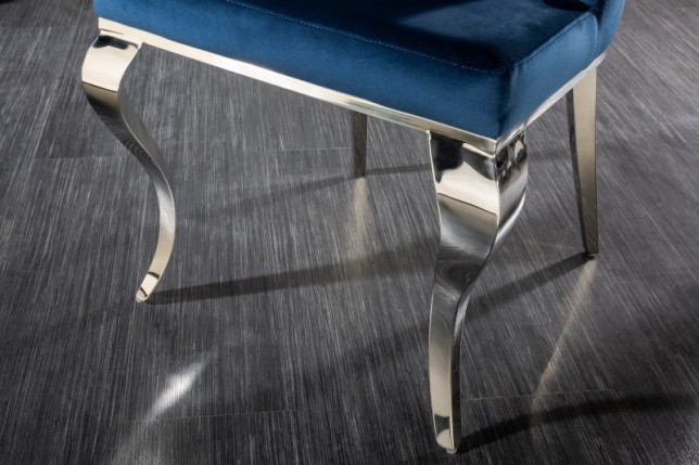 Chaises design capitonné PAULA avec pied baroque en acier inoxydable, velours, bleu