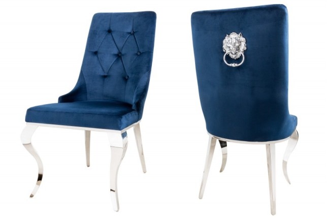 Chaises design capitonné PAULA avec pied baroque en acier inoxydable, velours, bleu