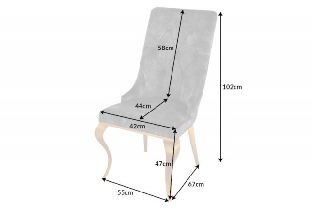 Chaises design capitonné PAULA avec pied baroque en acier inoxydable, velours, gris, doré