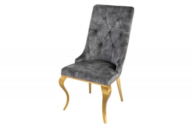 Chaises design capitonné PAULA avec pied baroque en acier inoxydable, velours, gris, doré