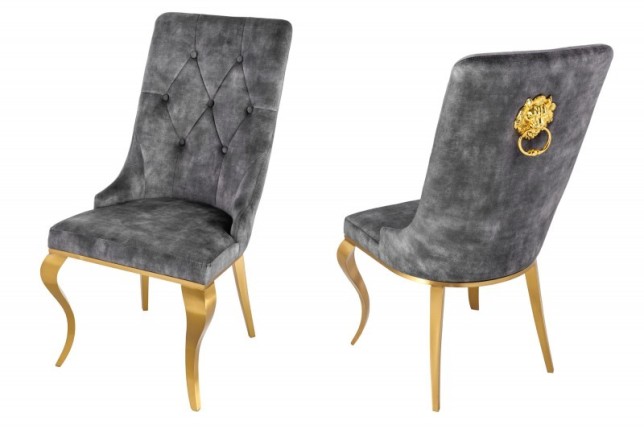 Chaises design capitonné PAULA avec pied baroque en acier inoxydable, velours, gris, doré