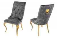 Chaises design capitonné PAULA avec pied baroque en acier inoxydable, velours, gris, doré