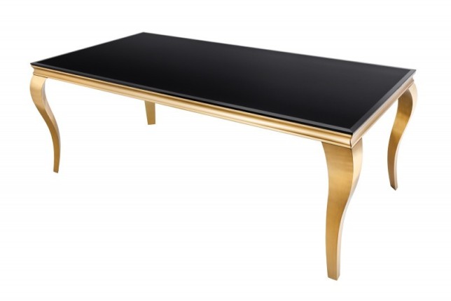 TABLE DE SALLE À MANGER 180cm DESIGN BAROQUE EN ACIER DORÉ ET VERRE OPALE NOIR