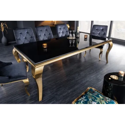 TABLE DE SALLE À MANGER 180cm DESIGN BAROQUE EN ACIER DORÉ ET VERRE OPALE NOIR