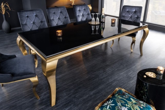 TABLE DE SALLE À MANGER 180cm DESIGN BAROQUE EN ACIER DORÉ ET VERRE OPALE NOIR