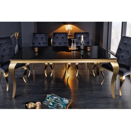 TABLE DE SALLE À MANGER 200cm DESIGN BAROQUE EN ACIER DORÉ ET VERRE OPALE NOIR 2