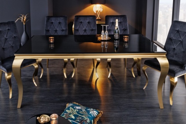 TABLE DE SALLE À MANGER 200cm DESIGN BAROQUE EN ACIER DORÉ ET VERRE OPALE NOIR