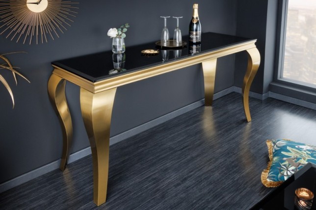 Console design baroque de 140cm verre opale noir pieds doré