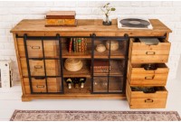 Bahut massif HENRY 150cm sapin naturel portes industrielles vitrine métal