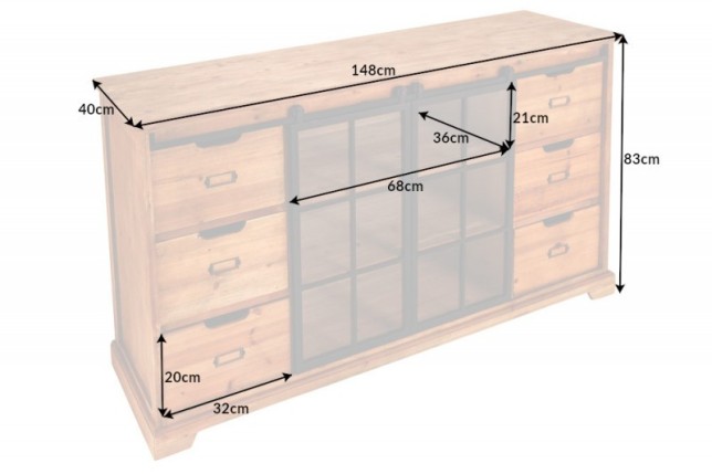 Bahut massif HENRY 150cm sapin naturel portes industrielles vitrine métal