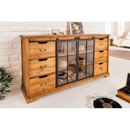 Bahut massif HENRY 150cm sapin naturel portes industrielles vitrine métal 2