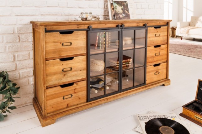 Bahut massif HENRY 150cm sapin naturel portes industrielles vitrine métal