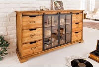 Bahut massif HENRY 150cm sapin naturel portes industrielles vitrine métal
