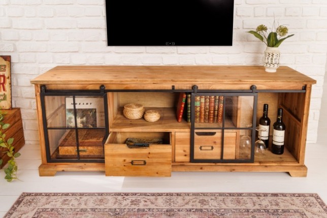 Meuble TV HENRY en bois sapin industriel 160 cm avec 2 portes coulissantes