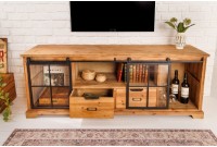 Meuble TV HENRY en bois sapin industriel 160 cm avec 2 portes coulissantes