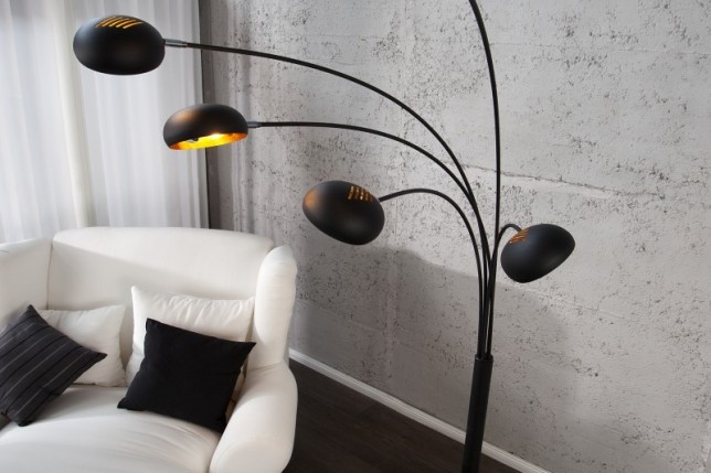 Lampadaire sur pied design arc 5 boules en métal teinté noir et doré