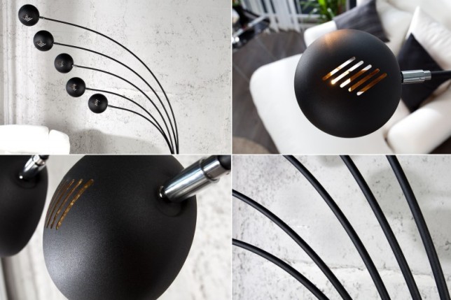 Lampadaire sur pied design arc 5 boules en métal teinté noir et doré
