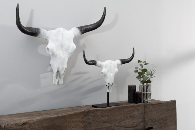 Trophée mural design crâne de taureau coloris blanc et noir de 70 cm