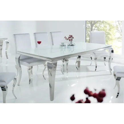 Table à manger design baroque de 200cm coloris blanc argenté en verre trempé et acier inoxydable