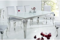 Table à manger design baroque de 200cm coloris blanc argenté en verre trempé et acier inoxydable