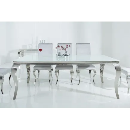 Table à manger design baroque de 200cm coloris blanc argenté en verre trempé et acier inoxydable 2