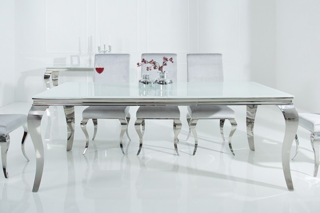 Table à manger design baroque de 200cm coloris blanc argenté en verre trempé et acier inoxydable