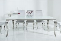 Table à manger design baroque de 200cm coloris blanc argenté en verre trempé et acier inoxydable