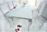 Table à manger design baroque de 200cm coloris blanc argenté en verre trempé et acier inoxydable