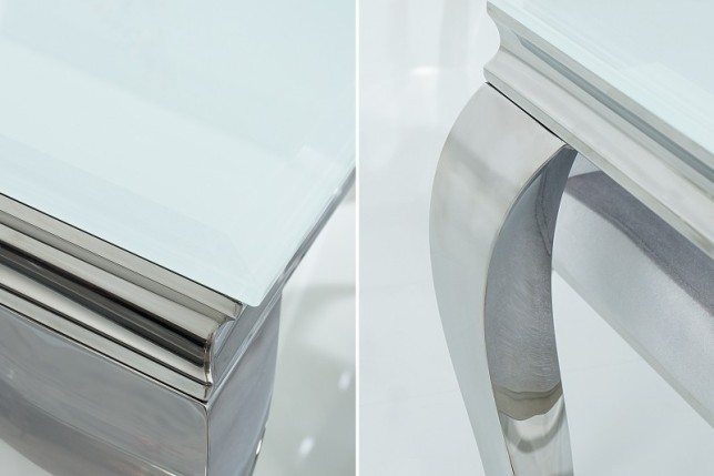 Table à manger design baroque de 200cm coloris blanc argenté en verre trempé et acier inoxydable